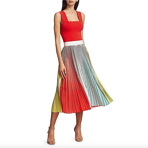 Alice + Olivia Arden Pleated Midi Skirt Multicolor Colorblock Like New Size 4 - Picture 1 of 13